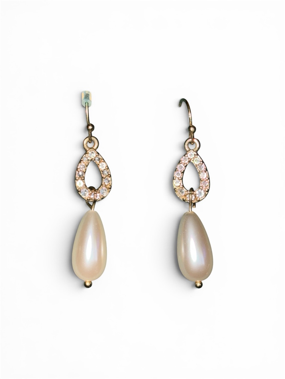 VTG Signed RMN Gold Tone Faux Pearl Rhinestone Teardrop Dangle Earrings